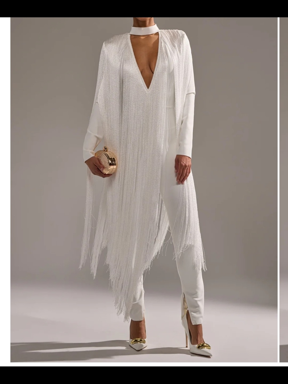 AKIRA White Fringe Plunge Jumpsuit with Choker
